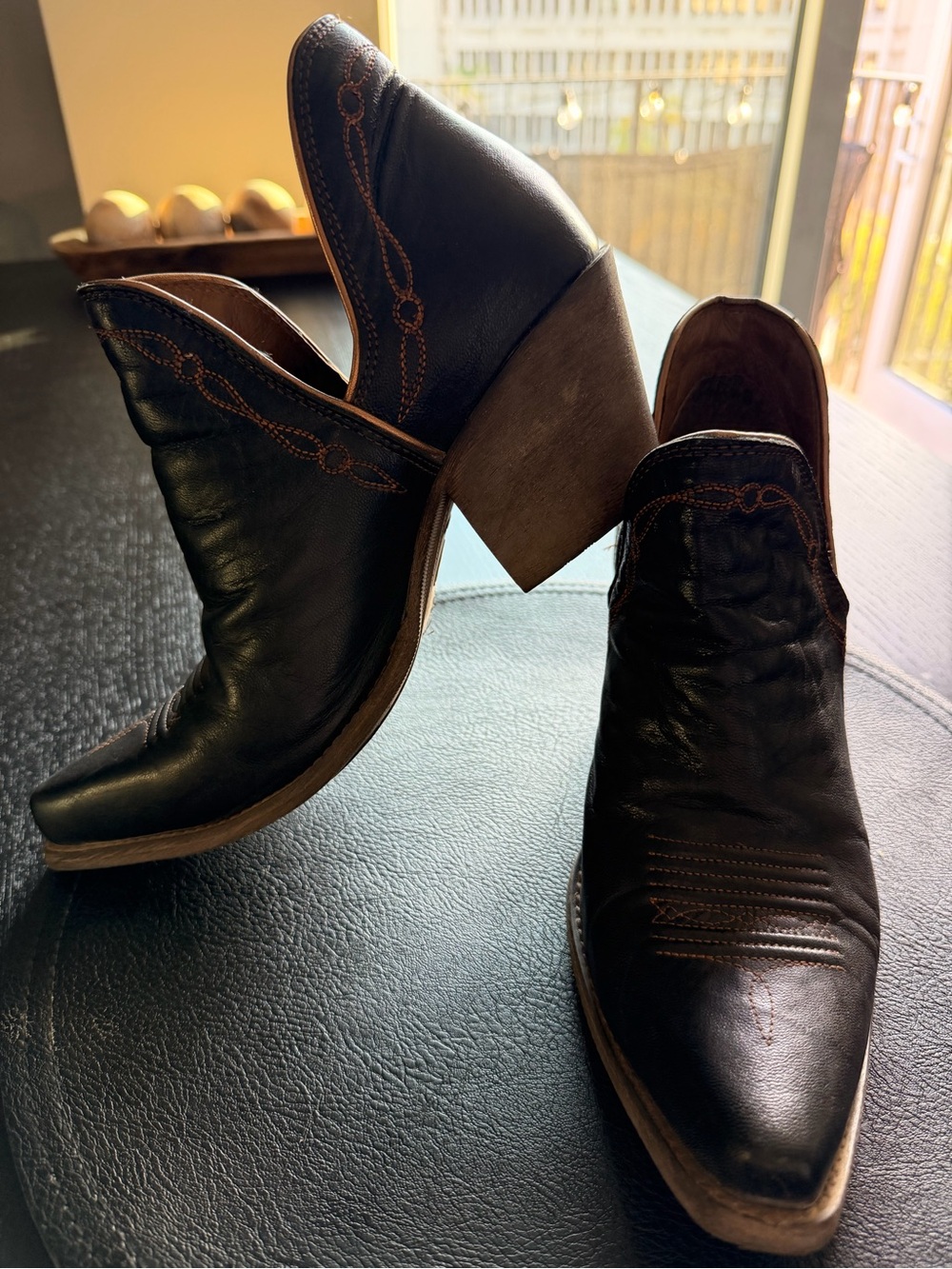 Ariat Black Leather Western Ankle Boots with Brown Heels - Picture 1 of 5